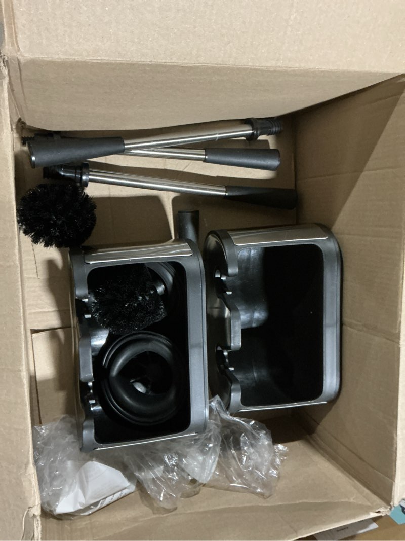 Condition photo showing As Is for umien toilet brush and plunger set 18-in - updated 2025 no-rust - stainless steel design - long handles - with freestanding canister