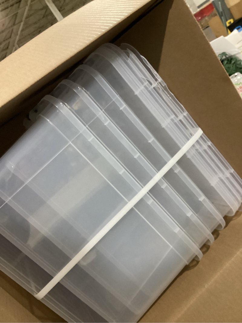 Condition photo showing As Is for (similar to )lidded plastic storage bins set clear desk basket box organizer kitchen container clothes laundry closet cabinet shelf, organization and storage for shelves office bathroom(clear 3xl+2m)