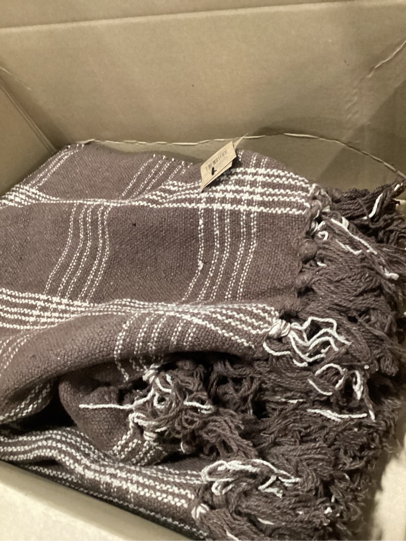 Condition photo showing Good Condition for Creative Co-Op Recycled Cotton Blend Throw Blanket with Fringe, Brown Plaid Brown One Size