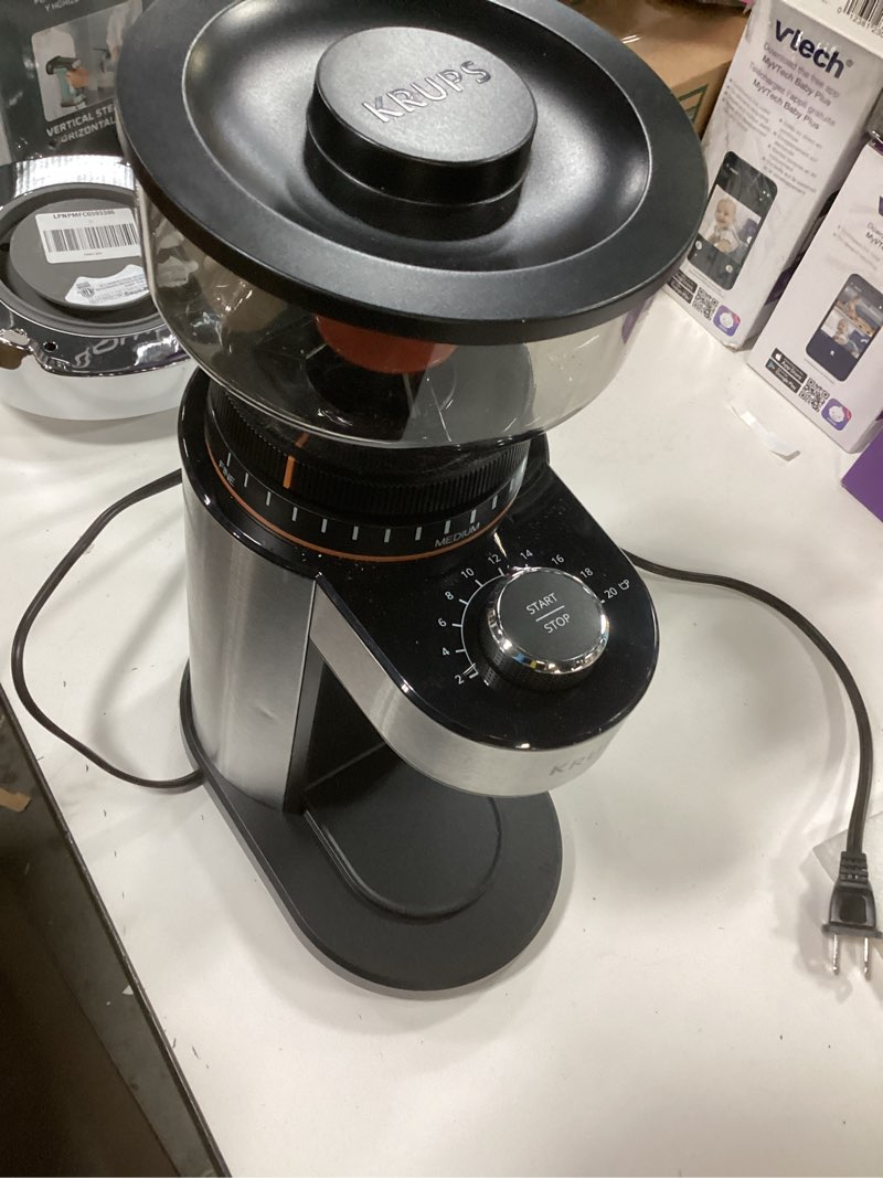 Condition photo showing As Is for KRUPS Flat Burr Coffee Grinder Electric, 18 Adjustable Grind Settings, 2-20 Cups per Grind, Single Touch, Coffee Bean and Spice Grinder, Stainless Steel, Black 18 Grind Settings 2-20 Cups