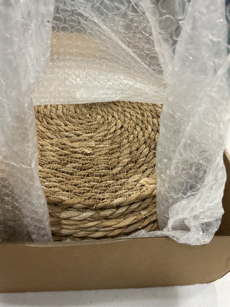 Condition photo showing As Is for 13 inch round woven plate placemats set of 15, farmhouse rustic straw braided chargers place mats, twinnekyr large boho cattail weave table mats, for dining plates table decor home wedding party