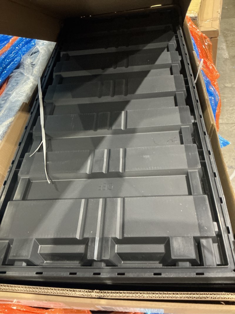 Condition photo showing As Is for keter darwin 100 gallon resin large deck box - organization and storage for patio furniture, outdoor cushions, garden tools and pool toys, grey & black grey 100 gallon