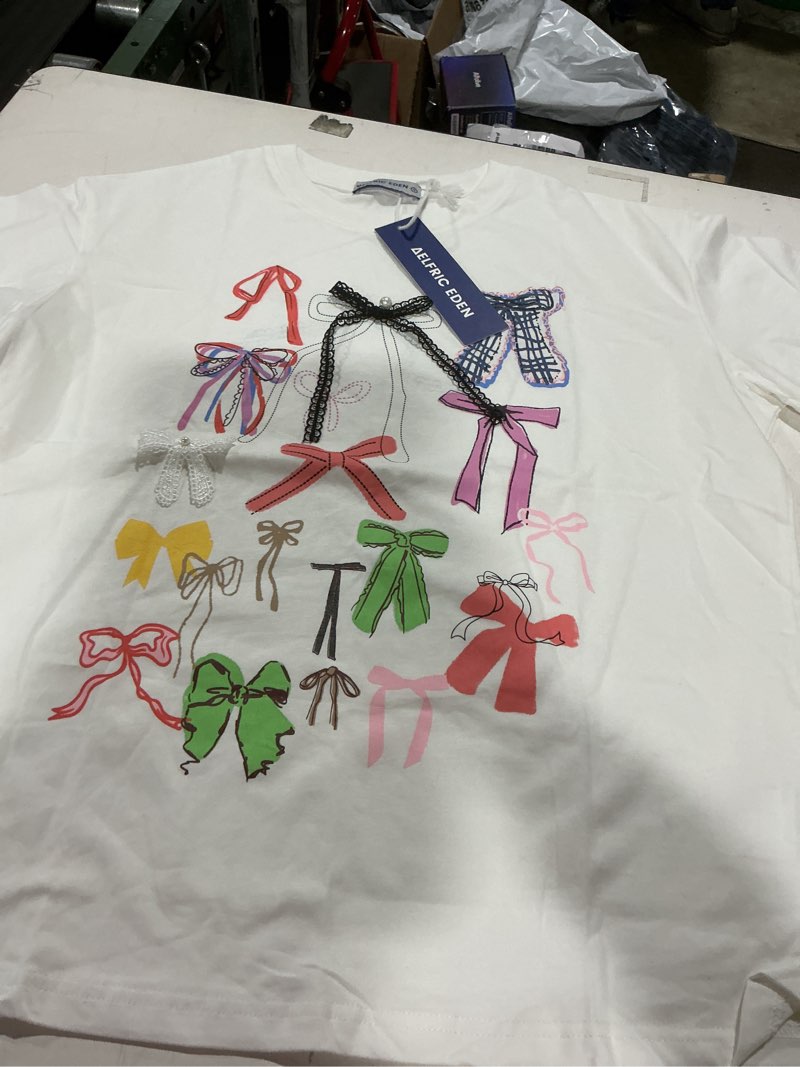 Condition photo showing Good Condition for aelfric eden women's tie shirt, oversized graphic tees, short sleeve t-shirt with cute y2k print, summer cotton casual tee size s