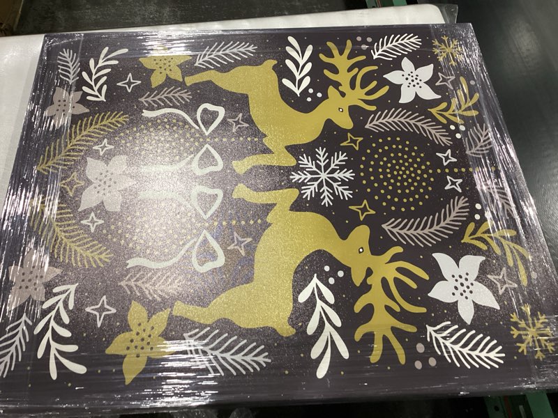 Condition photo showing New/Like New for Wynwood Studio Animals Modern Wrapped Canvas Art - Folk Art Reindeers, Wall Art for Living Room, Bedroom, and Bathroom, 30" x 36", Gray and Gold Home Decor 36"L x 30"W