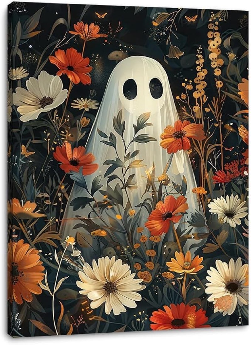 daktenn Halloween Canvas Wall Art, Cute Floral Ghost In Haunted Forest Poster, Funny Dark Romantic Ghost Print Decorations, Dark Academia Halloween Pictures Wall Decor 24x32in White1