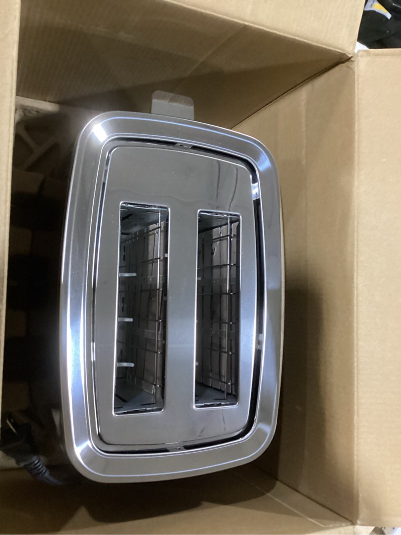 Condition photo showing Good Condition for GE 2 Slice Black Stainless Steel Toaster, Extra Wide Slots for Toasting Bagels, Breads, Waffles & More, 7 Adjustable Shade Settings, Removable Crumb Tray, Countertop Kitchen Essentials, 850 Watts 2-Slice Black