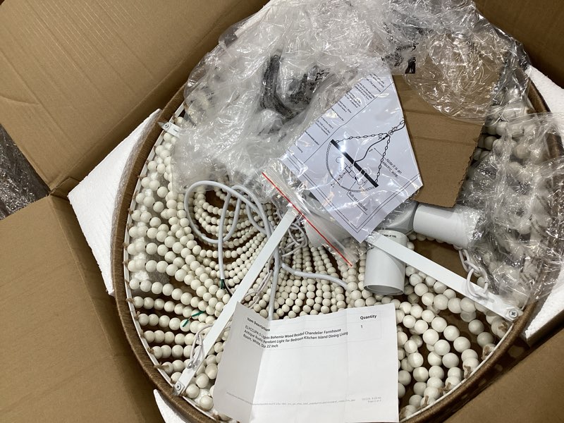 Condition photo showing Good Condition for 5 lights bohemia wood beaded chandelier farmhouse antique rustic pendant light for bedroom kitchen island dining living room, white, dia 22 inch a-round