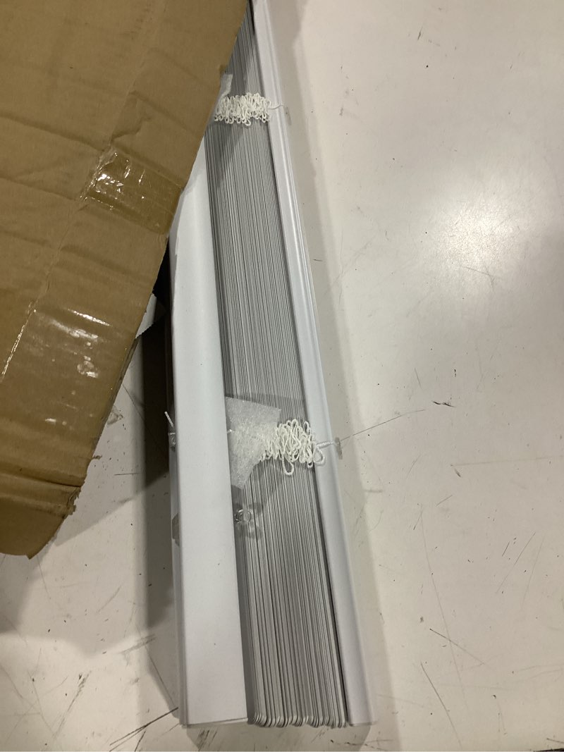Condition photo showing As Is for vinyl mini blinds 1-inch cordless room darkening blind for windows - starting at $9.97 - (over 1,400 add'l custom sizes) vinyl blinds, mini blinds, window blinds cordless, white - 19''w x 72''l