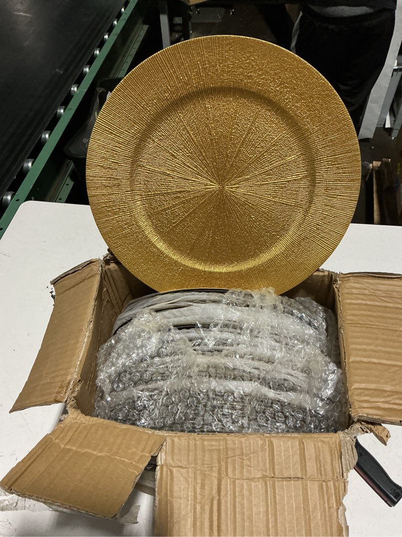 Condition photo showing Good Condition for Tanlade 50 Pcs Gold Charger Plates Bulk, 13" Round Plastic Dinner Charger Plate, Shiny Golden Table Chargers Serving Plates Catering Tabletop for Thanksgiving Halloween Christmas Wedding Party Decor Modern Style Gold 50