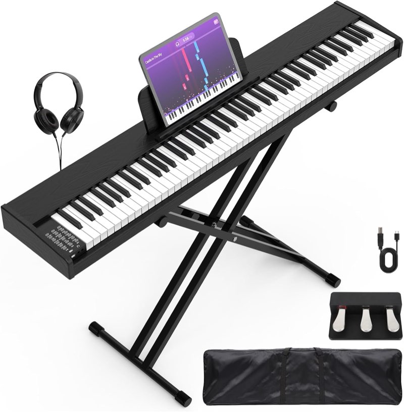 88 key digital piano keyboard,88 key full size weighted hammer action electric keyboard piano with 200 rhythms,200 tones, piano keyboard with stand, triplepedal,headphone, carrying bag black