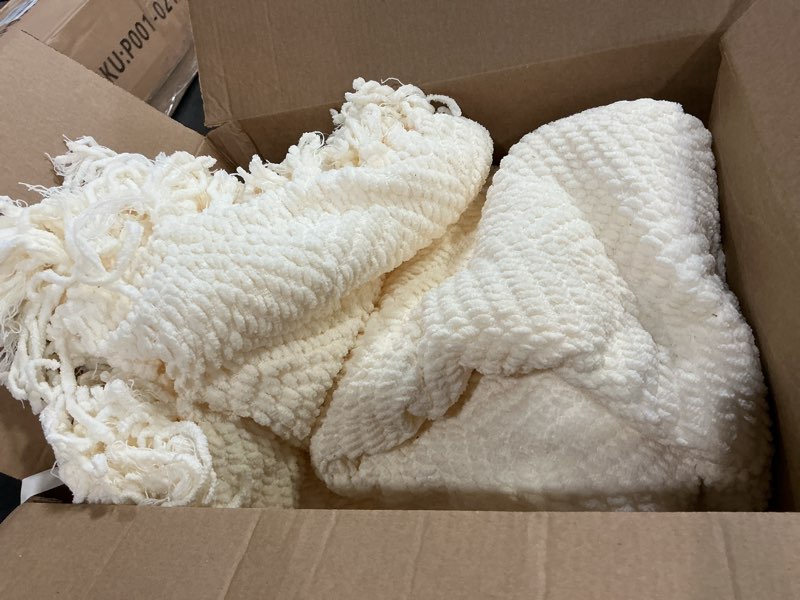 Condition photo showing As Is for battilo home cream white throw blanket for couch, ivory throw blanket for bed, warm decorative white blanket throw for home decor, 50" x 60" cream 50"x60"