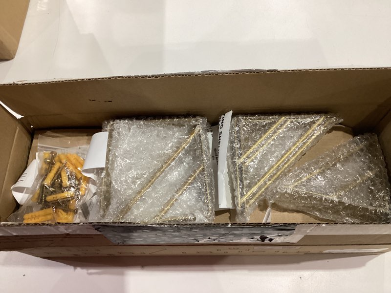 Condition photo showing New/Like New for BAYKA Floating Shelves for Bedroom Decor, Wall Shelves for Storage, Wall Mounted Rustic Wood Floating Shelf for Books,Corner Shelf for Bathroom,Kitchen,Living Room(Black and Gold?Set of 4) G. Black Board & Gold Brackets 16-inch Mixed