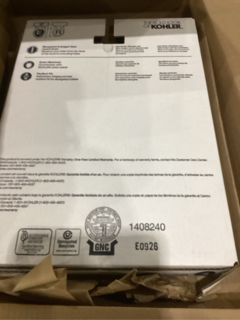 Condition photo showing As Is for kohler k-4774-0 brevia elongated white toilet seat with quick-release hinges and quick-attach hardware for easy clean, white