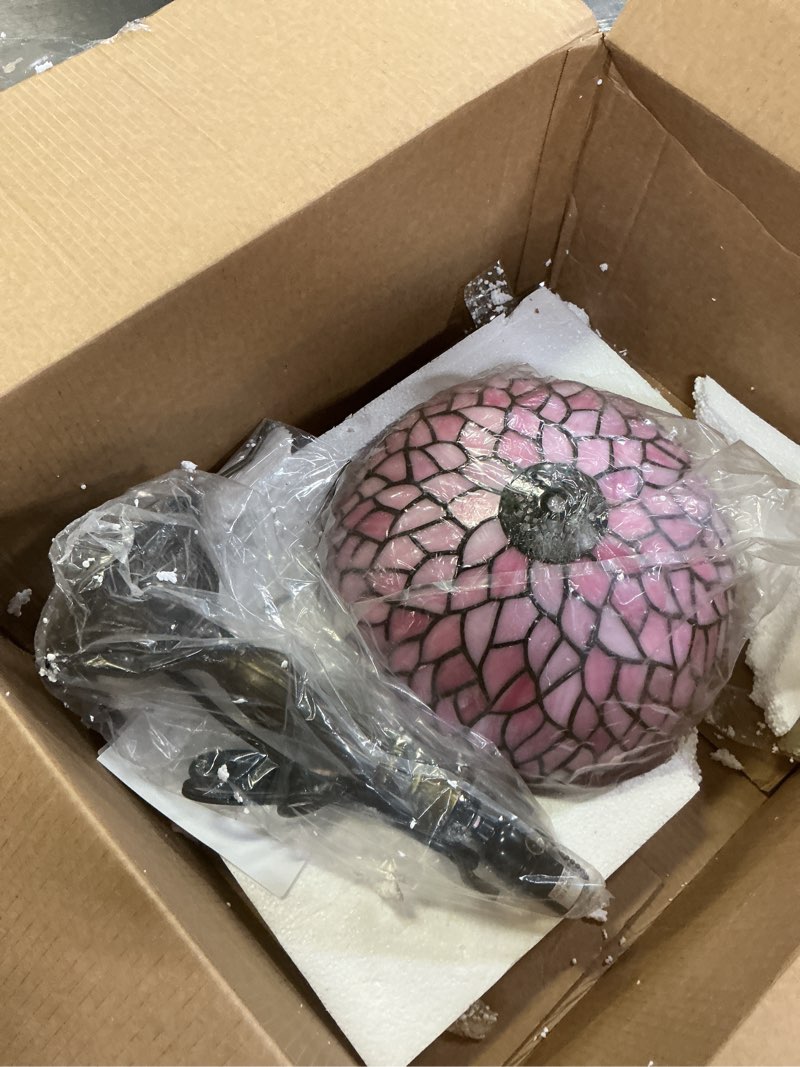 Condition photo showing Good Condition for WERFACTORY Tiffany Table Lamp Pink Wisteria Style Stained Glass Desk Bedside Reading Light 12X12X18 Inches Decor Bedroom Living Room Home Office S523 Series
