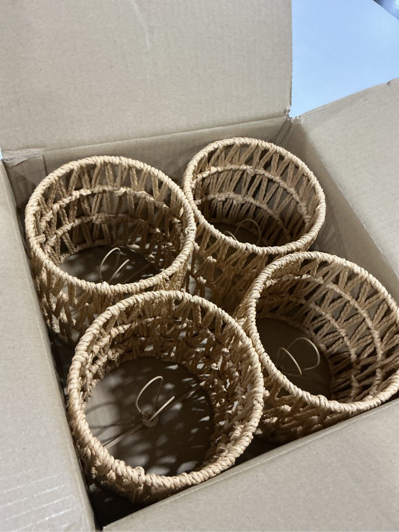 Condition photo showing Good Condition for 4 pcs rattan lamp shades, clip-on rattan lamp shade, chandelier candle bulb lampshade, natural touch hand woven lampshade for chandeliers, pendants, wall sconces, 5.1 x 5.1 in brown,4pcs