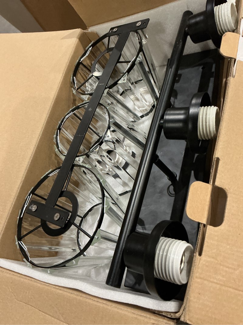 Condition photo showing As Is for bathroom light, 3-light modern crystal vanity light, bathroom lighting fixtures over mirror wall sconces for powder room, living room, bedroom, hallway (included 3 e26 bulbs) black-square 3-light