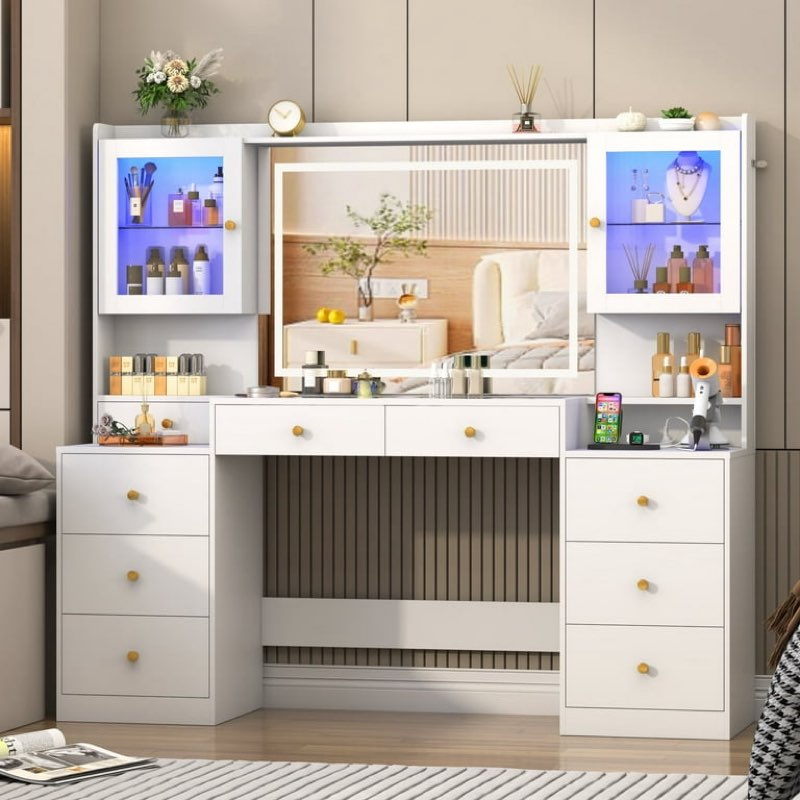 62" Vanity Desk With Lighted Mirror, Tempered Glass Top, Power Outlet, 9 Drawers, And 2 RGB Lighted Cabinet