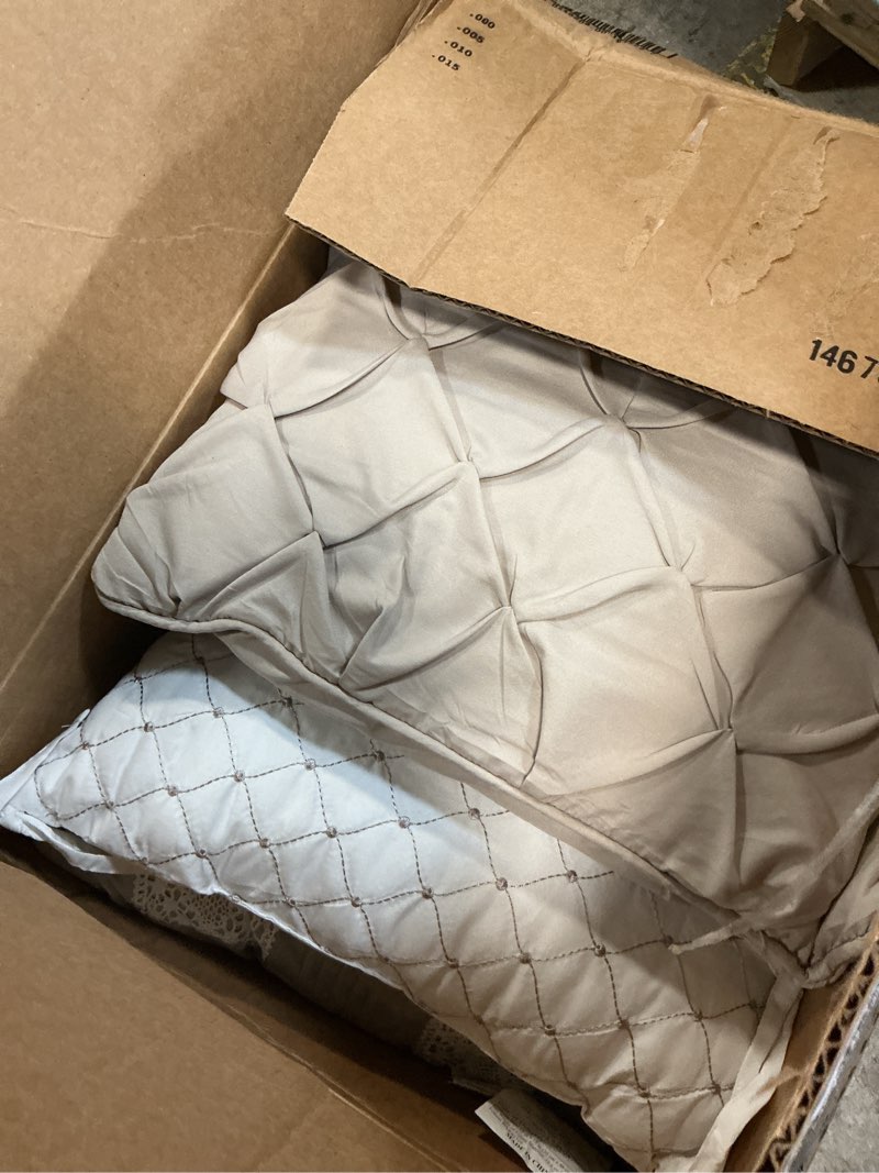 Condition photo showing As Is for madison park queen comforter set, farmhouse queen comforter, lace & pintuck design, down alternative, all season bedding set, bed skirt, shams & decor pillows, lacey, queen, taupe 7 piece taupe queen