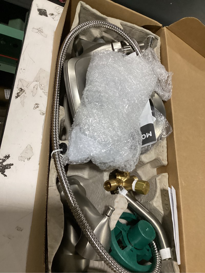 Condition photo showing New/Like New for Moen Engage Multi-Function Handshower and Rainfall Shower Head Trim Combo with Handle, Tub Spout, Metal Hose and Valve, Brushed Nickel, 82304SRN