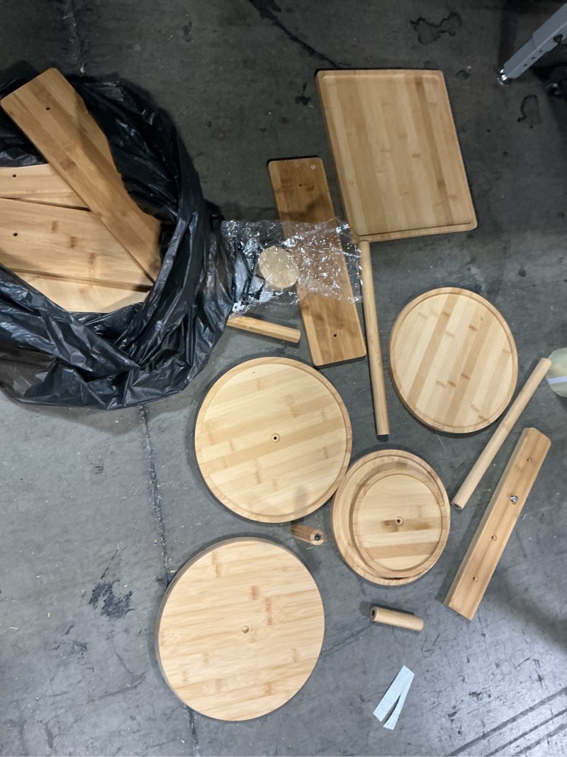 Condition photo showing As Is for Roowest Wood Cake Stands Set of 6 Wood Dessert Tower Trays Stand Cupcake Stand Rustic 3 Tier Farmhouse Cupcake Serving Stands with Dessert Trays for Tea Party (Bamboo)