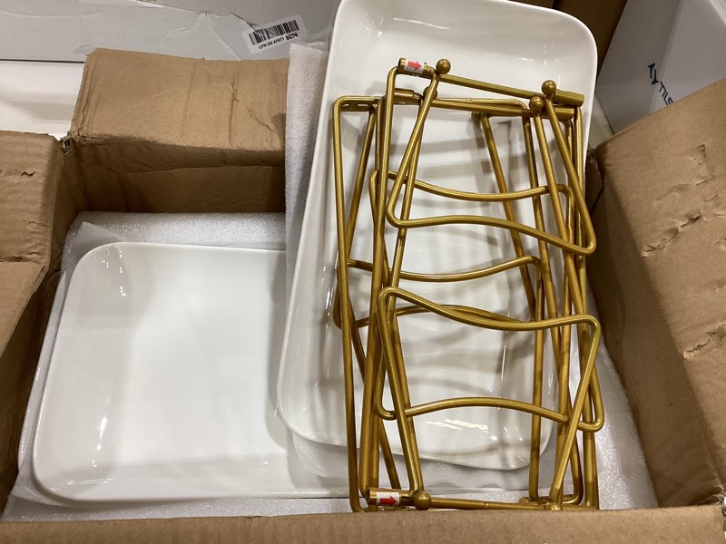 Condition photo showing Good Condition for happy kit 3-tier porcelain serving tray 12in, freely combinable gold rack | freely combinable rack, 12 inch tiered tray stand, widened porcelain platters, collapsible