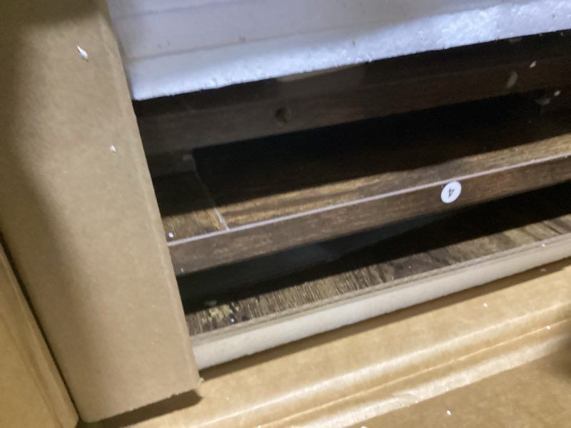 Condition photo showing As Is for Iwell Storage Cabinet with 2 Drawers & 2 Shelves, Freestanding Storage Cabinet with Door, Cupboard, Floor Cabinet for Living Room, Bathroom, Laundry Room, Rustic Brown