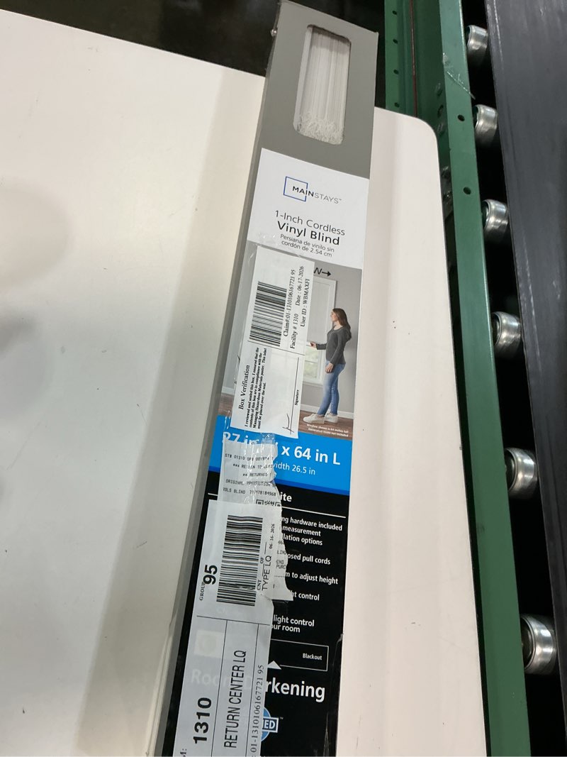 Condition photo showing New/Like New for mainstays 1" cordless room darkening vinyl blinds, white, 27" width x 64" length