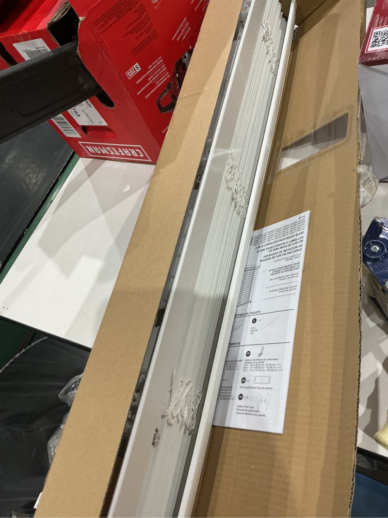 Condition photo showing As Is for allen + roth trim at home 2-in slat width 36-in x 64-in cordless white faux wood room darkening horizontal blinds