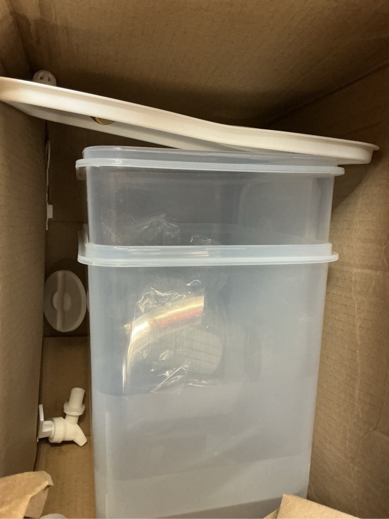 Condition photo showing As Is for domensi 2 pack 2.5 gallon drink dispenser for fridge with spigot water dispenser leak proof lids filter screen beverage juice container sealed plastic lemonade milk cold hot drink tea jug for party 2 2.5 gallon