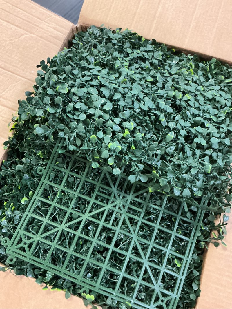 Condition photo showing Good Condition for 24pcs 10"x 10" artificial boxwood wall panels, uv-anti grass wall hedge plant panels for indoor outdoor green wall decor ivy fence covering privacy 10"x10" 24p green