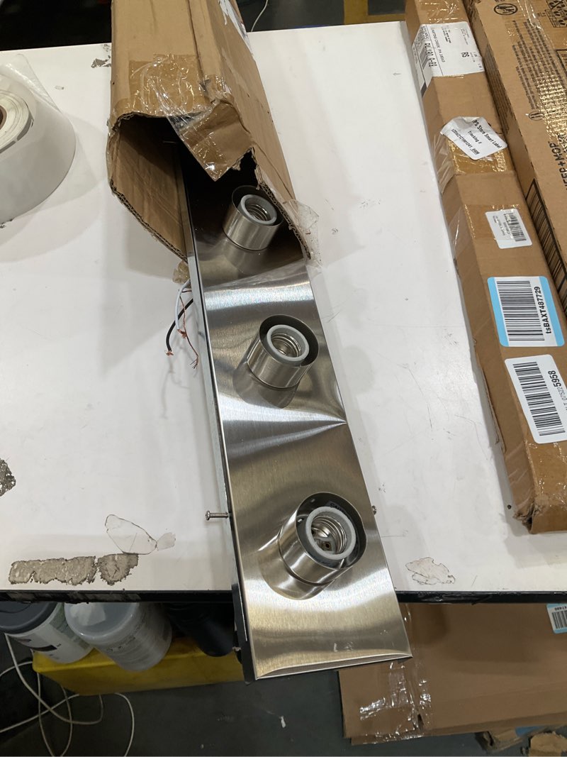 Condition photo showing As Is for design house 519298 contemporary 4-light indoor vanity light dimmable for bathroom bedroom vanity makeup, satin nickel satin nickel 4 lights