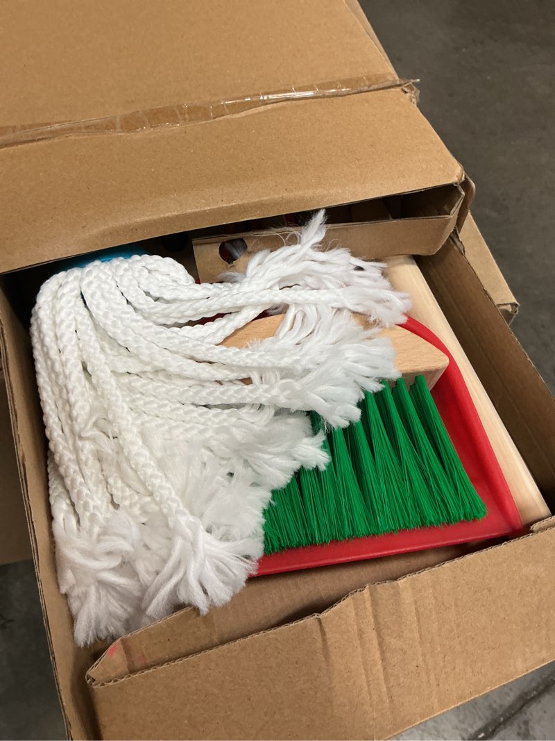 Condition photo showing New/Like New for melissa & doug dust sweep mop 6-piece pretend play set, toddler toy cleaning, pretend play home cleaning, kids broom and mop set for ages 3+