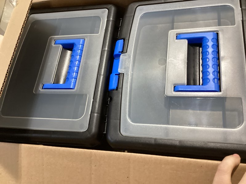 Condition photo showing As Is for Storex File Storage Box with XL Storage Lid, Black/Blue, 2-Pack (61415C02C) Black/Cobalt 2-Pack Letter Size with XL Lid