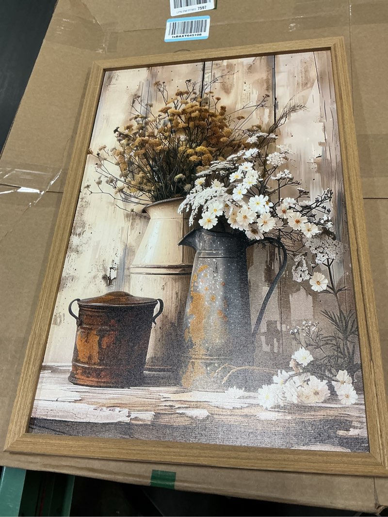 Condition photo showing Good Condition for Krtoni Framed Farmhouse Vintage Canvas Wall Art, Country Floral Daisy Picture Wall Decor, White Jasmine Flowers and Rust Kettle Poster Print for Living Room Bedroom Bathroom Rustic Decor 24''L x 16''W 24"L x 16"W Kettle Daisy