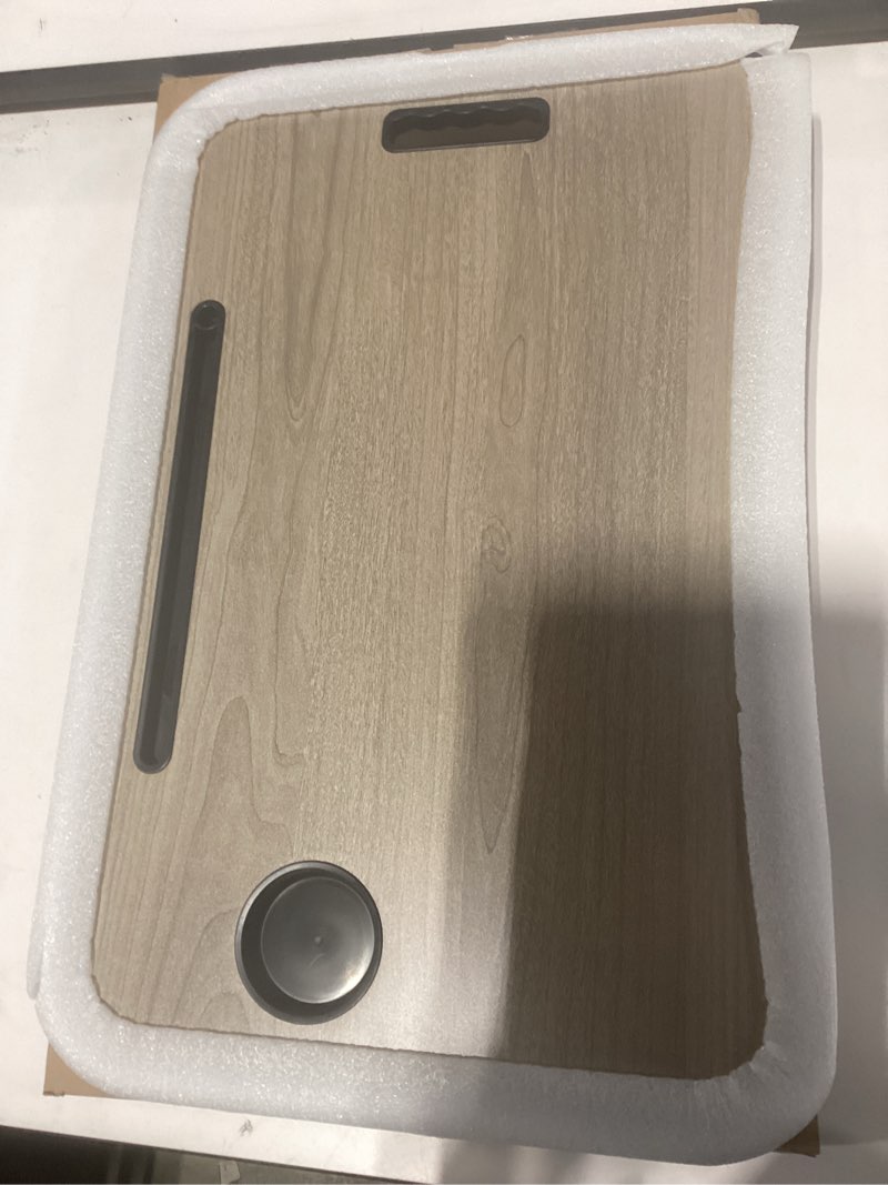 Condition photo showing New/Like New for Foldable Lap Desk, Laptop Bed Desk, Portable Lap Table, Laptop Bed Table with Cup Holder & Tablet Slot & Lifting Handle for Working Writing Drawing & Eating - Gray Wood