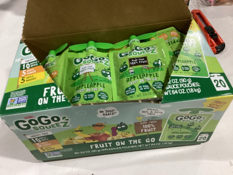 Condition photo showing Good Condition for GoGo squeeZ Applesauce and Fruit Puree Variety Pack, Apple, Mango & Banana, 3.2 oz (Pack of 20), Unsweetened Fruit Snacks for Kids, Gluten Free, Nut Free, BPA Free Pouches (Packaging May Vary) Apple Mango Banana