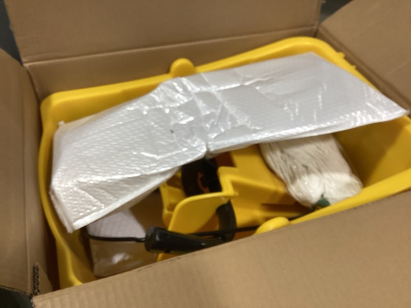 Condition photo showing Good Condition for commercial mop bucket with side press wringer on wheels, including one commercial mop, 35 quart, yellow