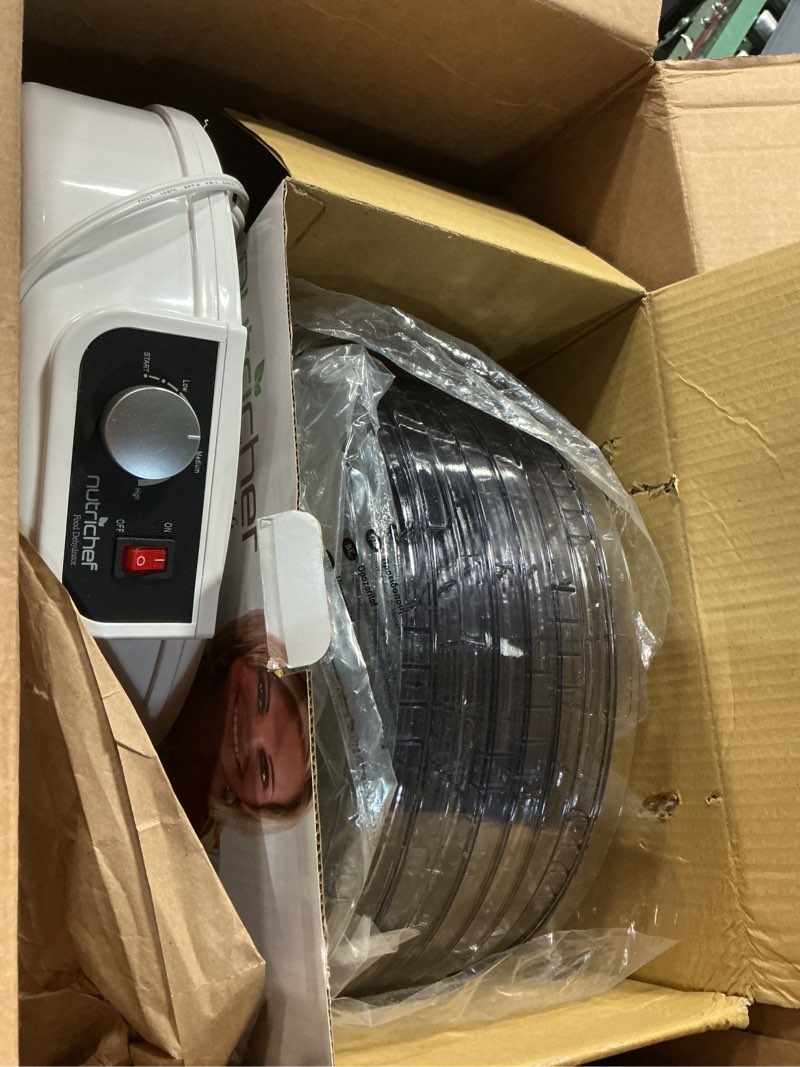 Condition photo showing As Is for NutriChef Food Dehydrator - Dehydrate Beef Jerky, Meat, Mushrooms, Fruits & Vegetables at Home | Utilizes High-Heat Circulation for Even Dehydration | Includes 5 Easy-to-Clean Trays | White