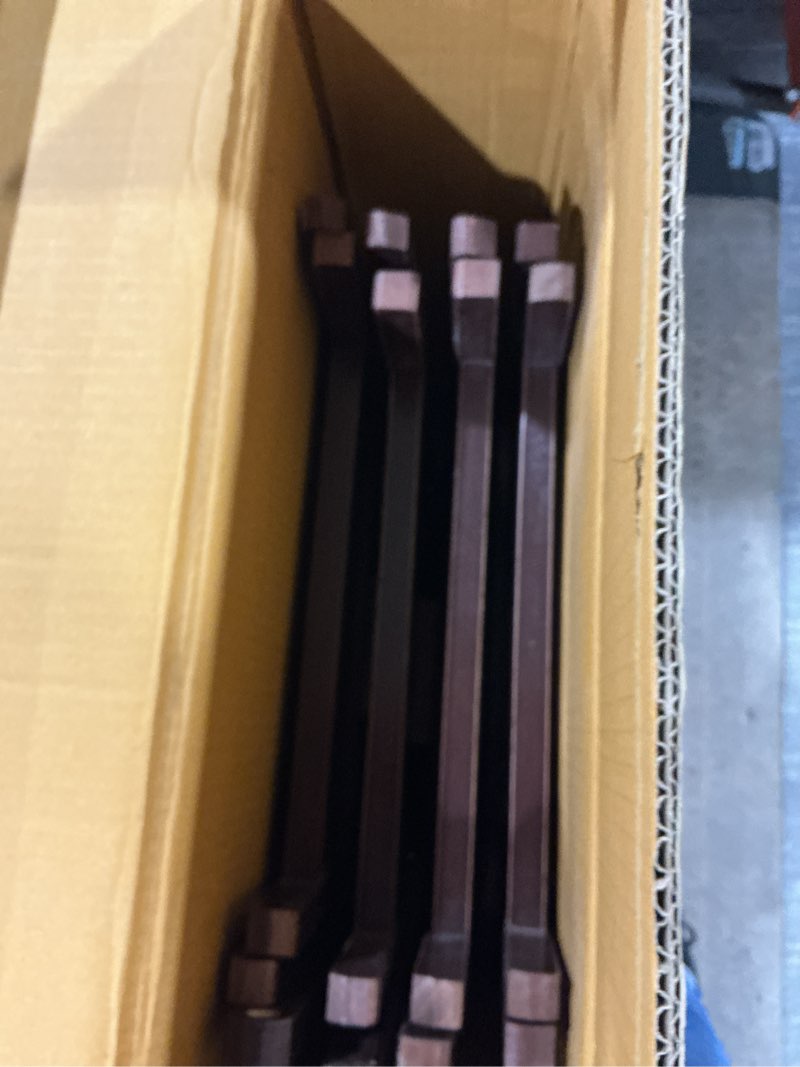 Condition photo showing As Is for Amazon Basics Classic Foldable TV Dinner Tray Table with Storage Rack, 14.6 L x 19 W x 26 H inch, Espresso, 4-Pack Espresso 4 Pack