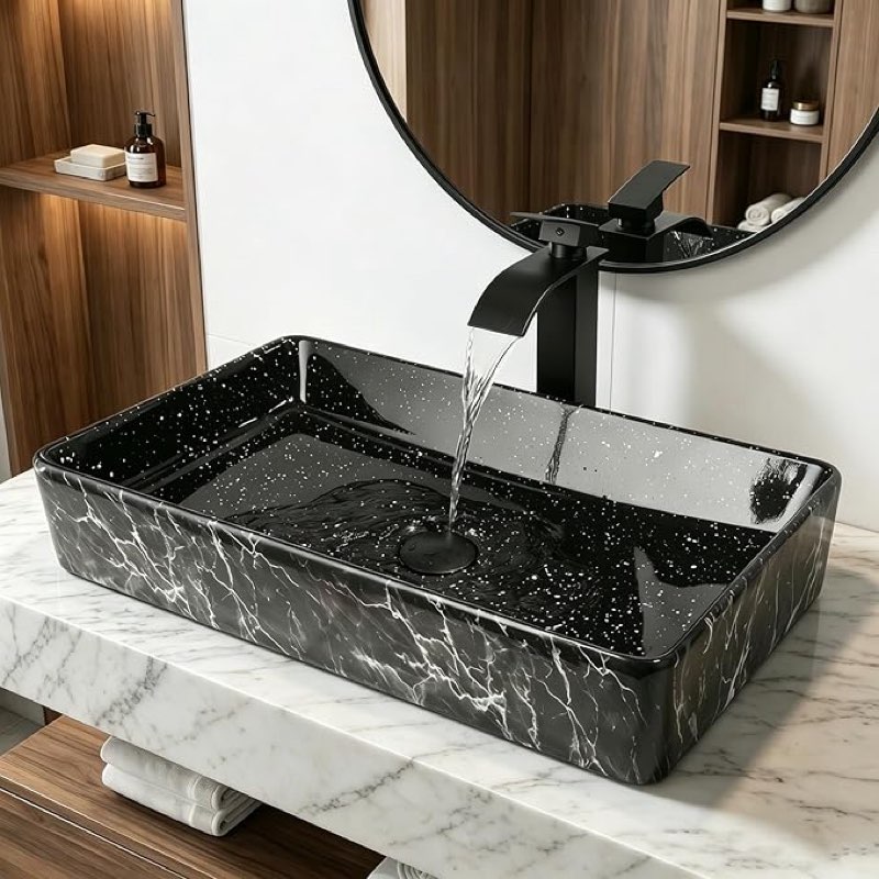 24 Inch Ceramic Bathroom Vessel Sink Above Counter with Faucet and Drain Combo, Black Rectangle Sink Bowl for Vanity