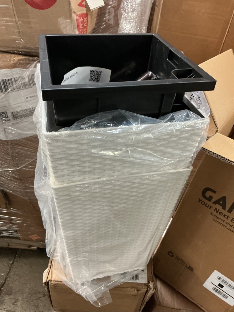 Condition photo showing New/Like New for garveelife 16 in tall planter set of 2 large rattan flower pot with 2 trays & a water level monitor outdoor and indoor for patio, porch, living room, or home office, white