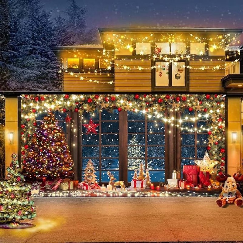 DZLGC Merry Christmas Garage Door Cover Decorations, Winter Xmas Rustic Wooden Window Tree Garage Do