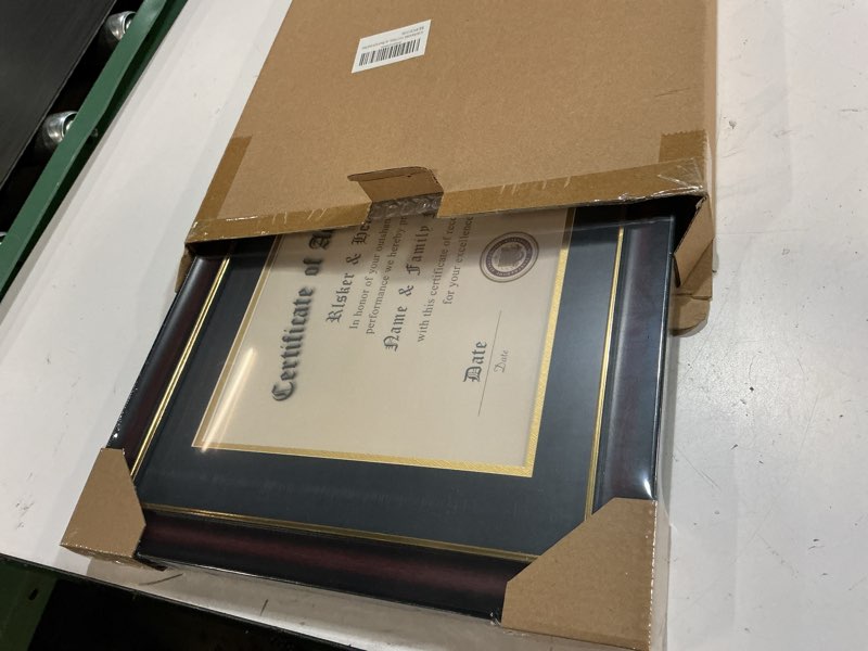 Condition photo showing New/Like New for ELSKER&HOME 11x17 Diploma Frames with Tassel Holder for 8.5x11 Certificate Document Shadow Box, Mahogany Frame, Degree Double Mat, Black with Gold Rim Mahogany 11x17 Diploma Frame with Tassel