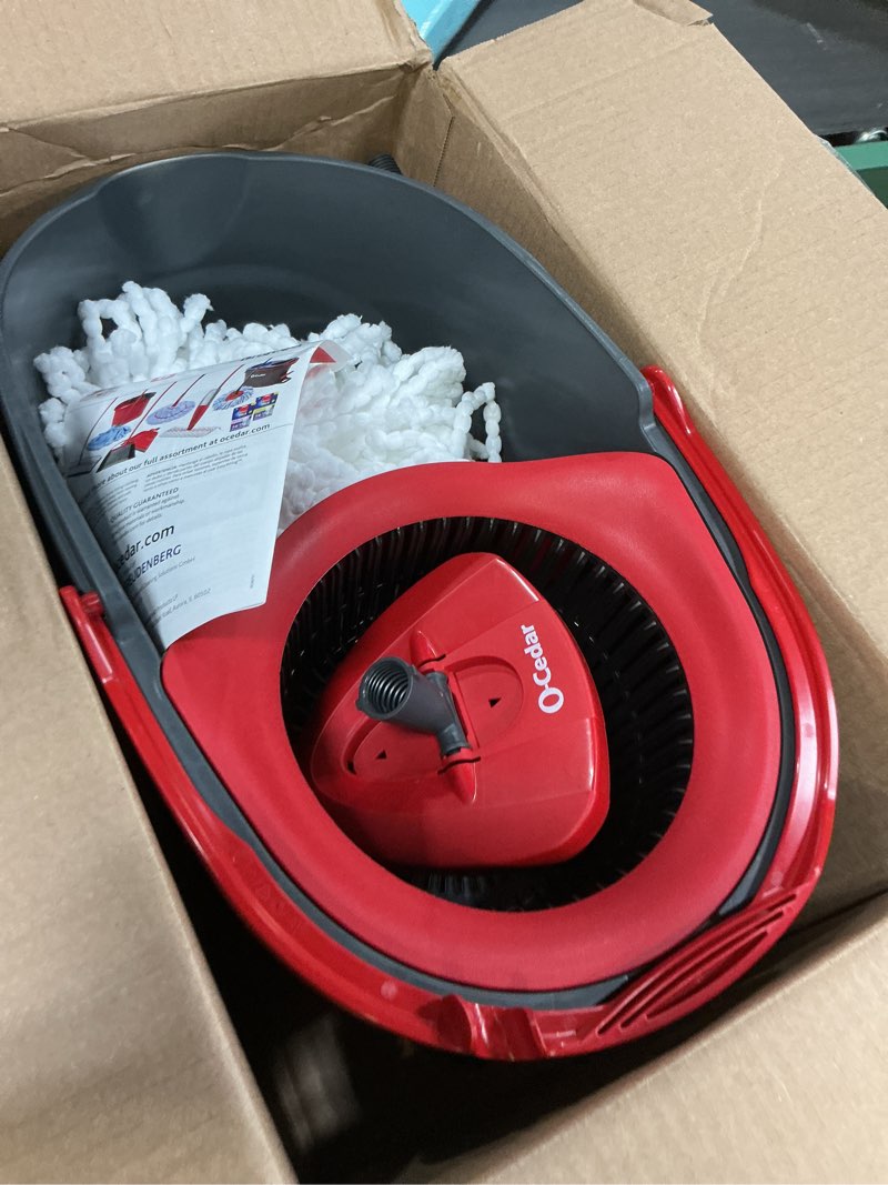 Condition photo showing Good Condition for O-Cedar EasyWring Microfiber Spin Mop & Bucket Floor Cleaning System + 2 Extra Refills, Red/Gray Spin Mop & Bucket with 2 Extra Refills