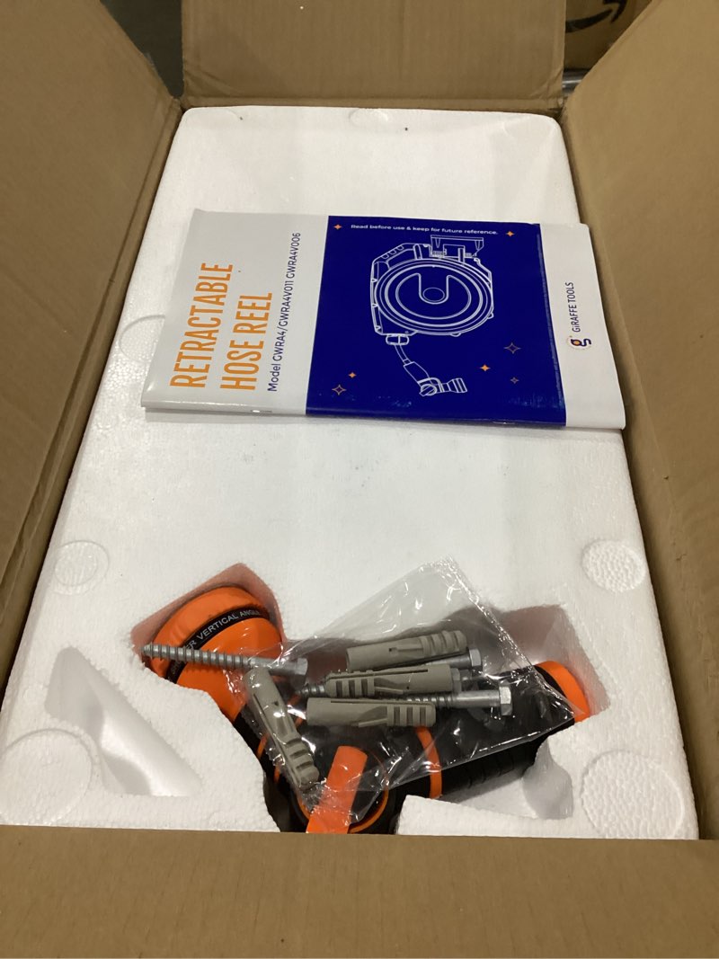 Condition photo showing New/Like New for giraffe tools retractable garden hose reel 1/2 inch x 130 ft, super heavy duty, any length lock, slow return system, wall mounted and 180 deg swivel bracket 1/ 2"130 ft