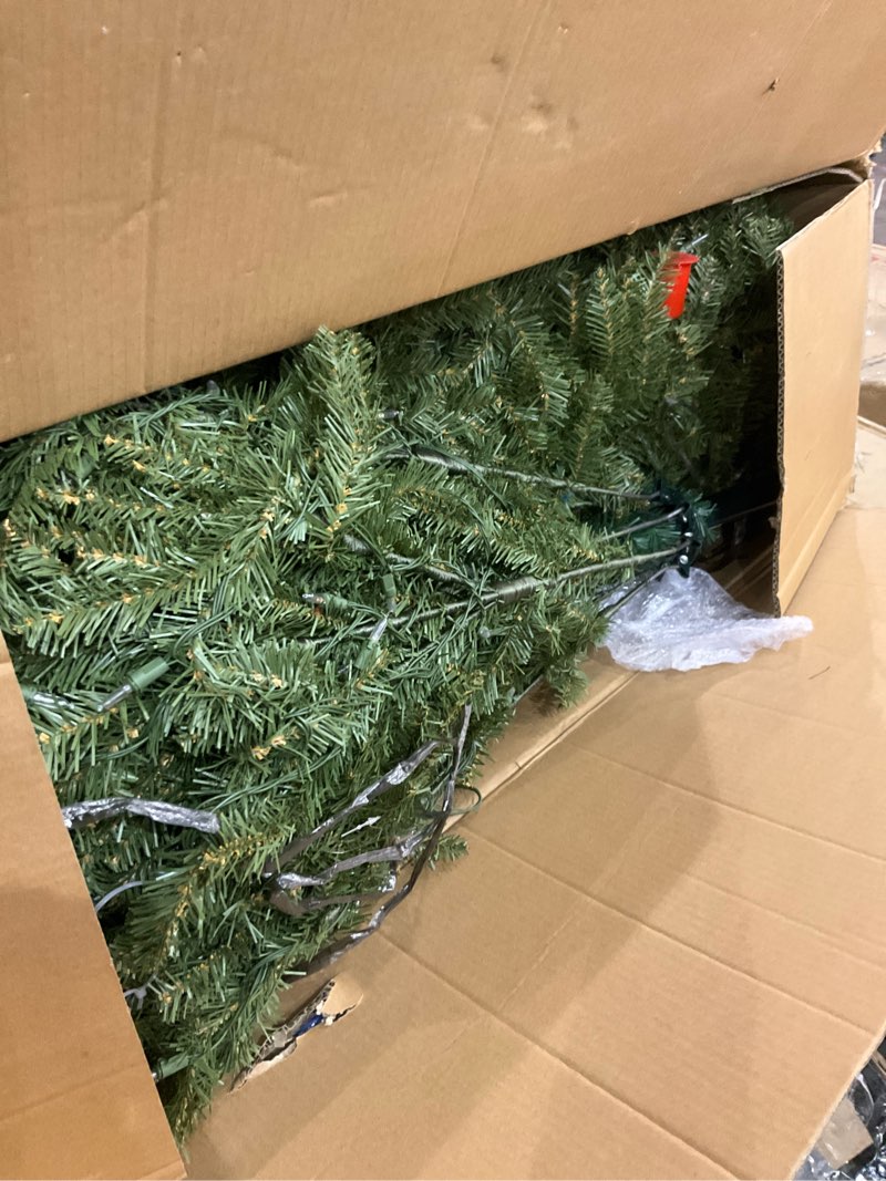 Condition photo showing As Is for National Tree Company 7.5 ft Pre-Lit Dunhill Fir Artificial Christmas Tree, 700 LED Lights, 2,514 Tips, Foot Pedal, 10 Light Functions, Includes Stand, Green