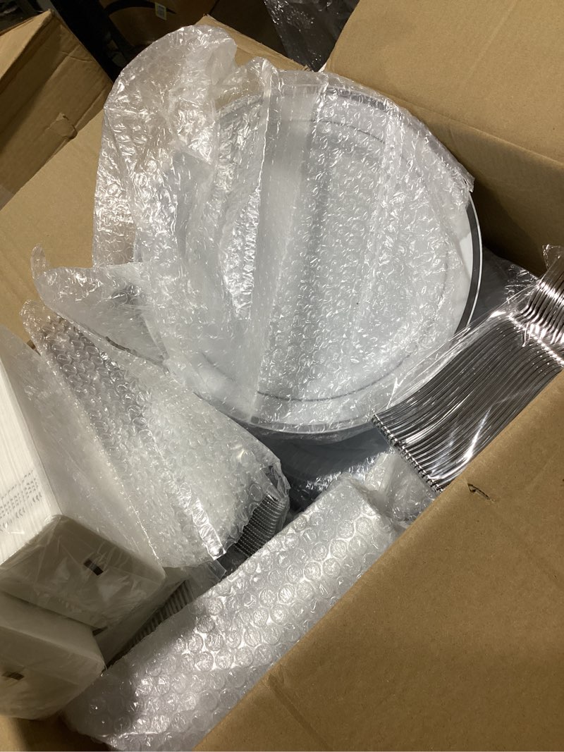 Condition photo showing Good Condition for bestvip 700 pcs disposable silver plates and silverware set for 100 guests | plastic dinnerware set include: 200 plastic plates, 100 silver silverware, 100 cups, 100 paper napkins for party, wedding silver 100 guests