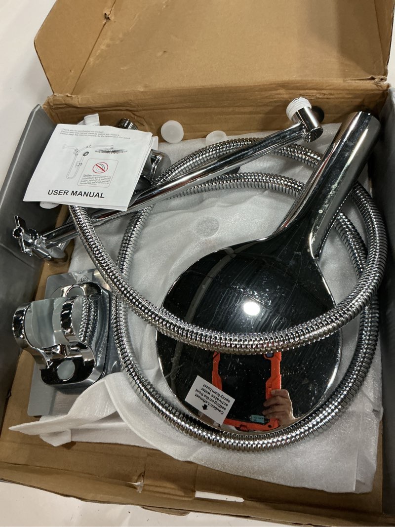 Condition photo showing As Is for 10 inch high pressure rainfall shower head with handheld combo | chrome, dual shower head, extension arm, 7 spray settings, for pet kids cleaning