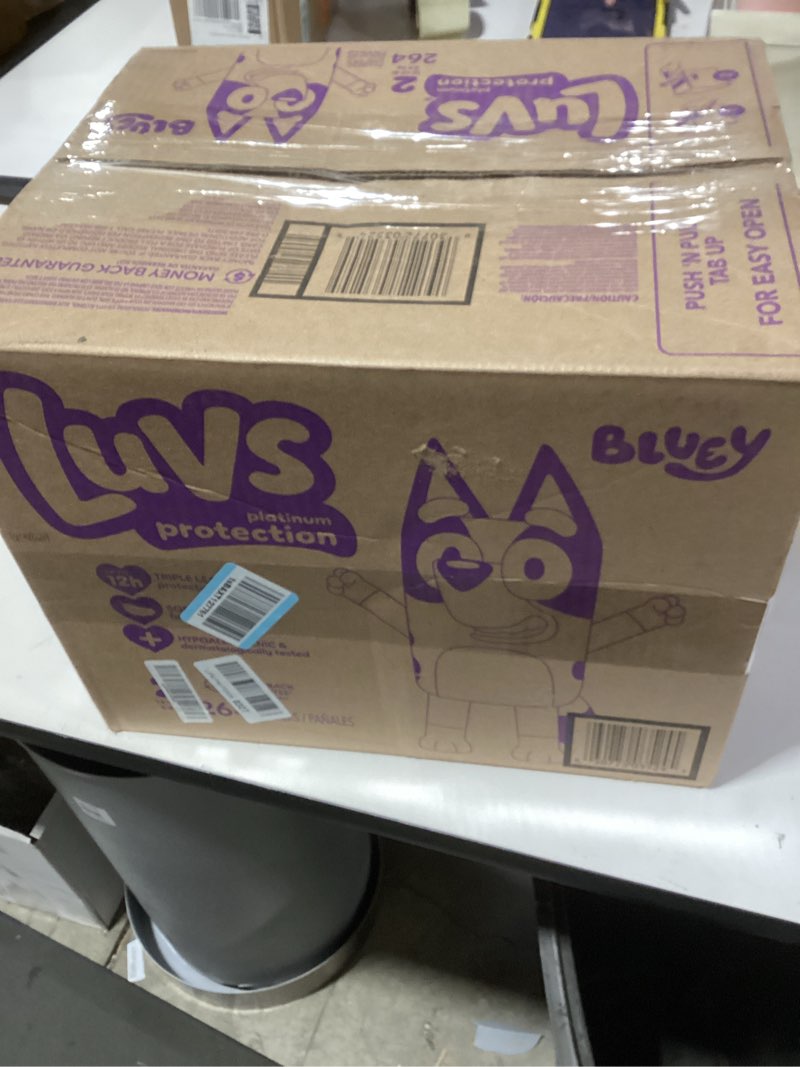 Condition photo showing As Is for Luvs Size 2 Baby Diapers, Platinum Protection Bluey Diapers for Day & Night, Size 2, 264 Count (Packaging May Vary) Size 2 264