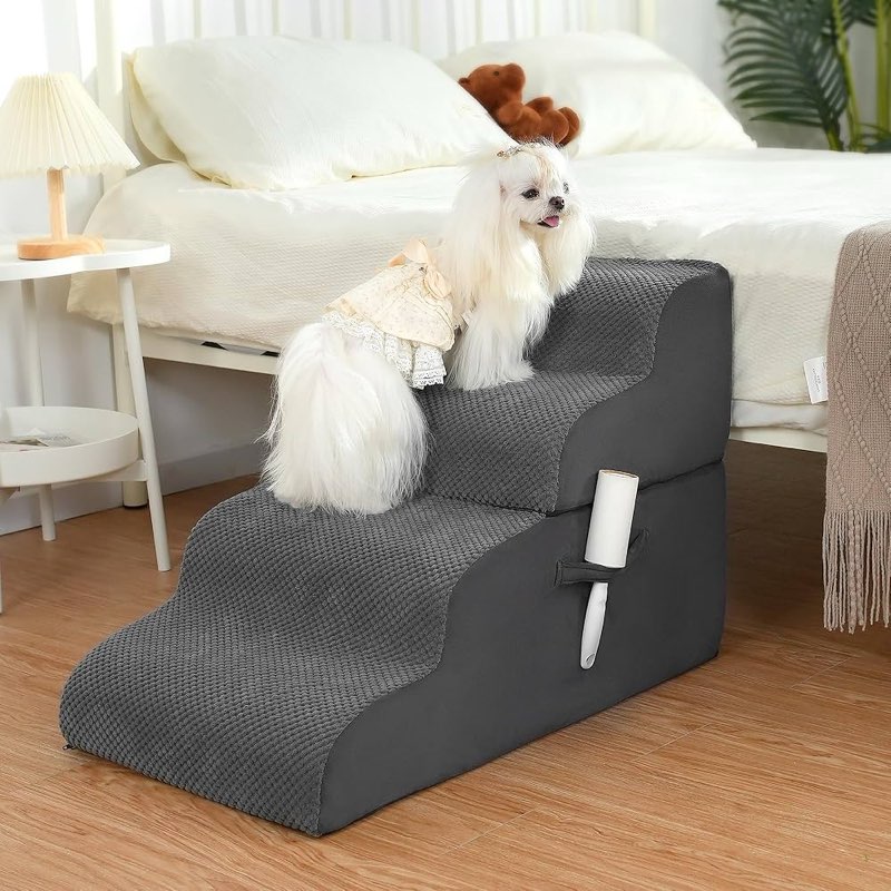 dog stairs 4 steps for small dogs and cats to get on high beds, couch or car, pets can climb, sit, lie down or perch to look out windows on the spliceable ramp, provides support, grey?19' h?